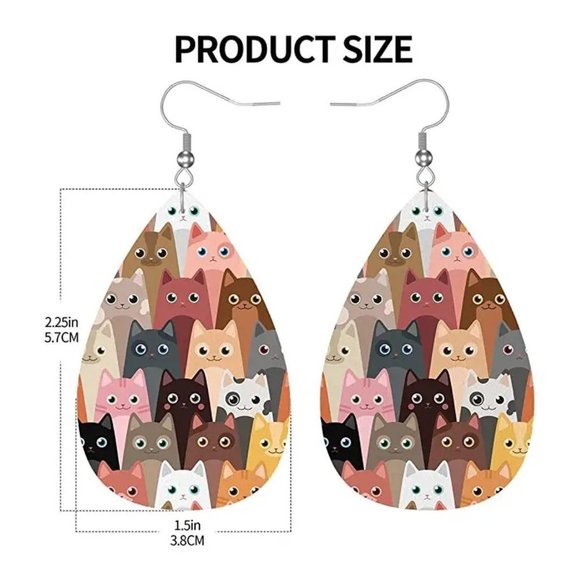 Cat Print pu leather Earrings NWT Teardrop Dangle Whimsy Whimsical Unique - Picture 2 of 4